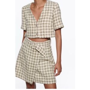ZARA Ecru Textured Check Cut-Out Mini Dress